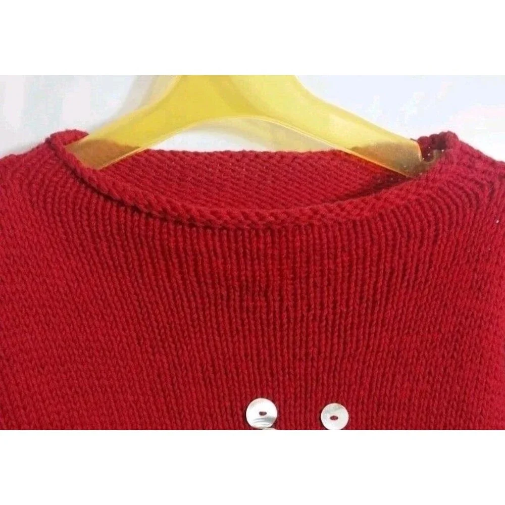 Vintage Pure Handknit Sweater M/L Red Cotton Shell Button Boho Art Knit